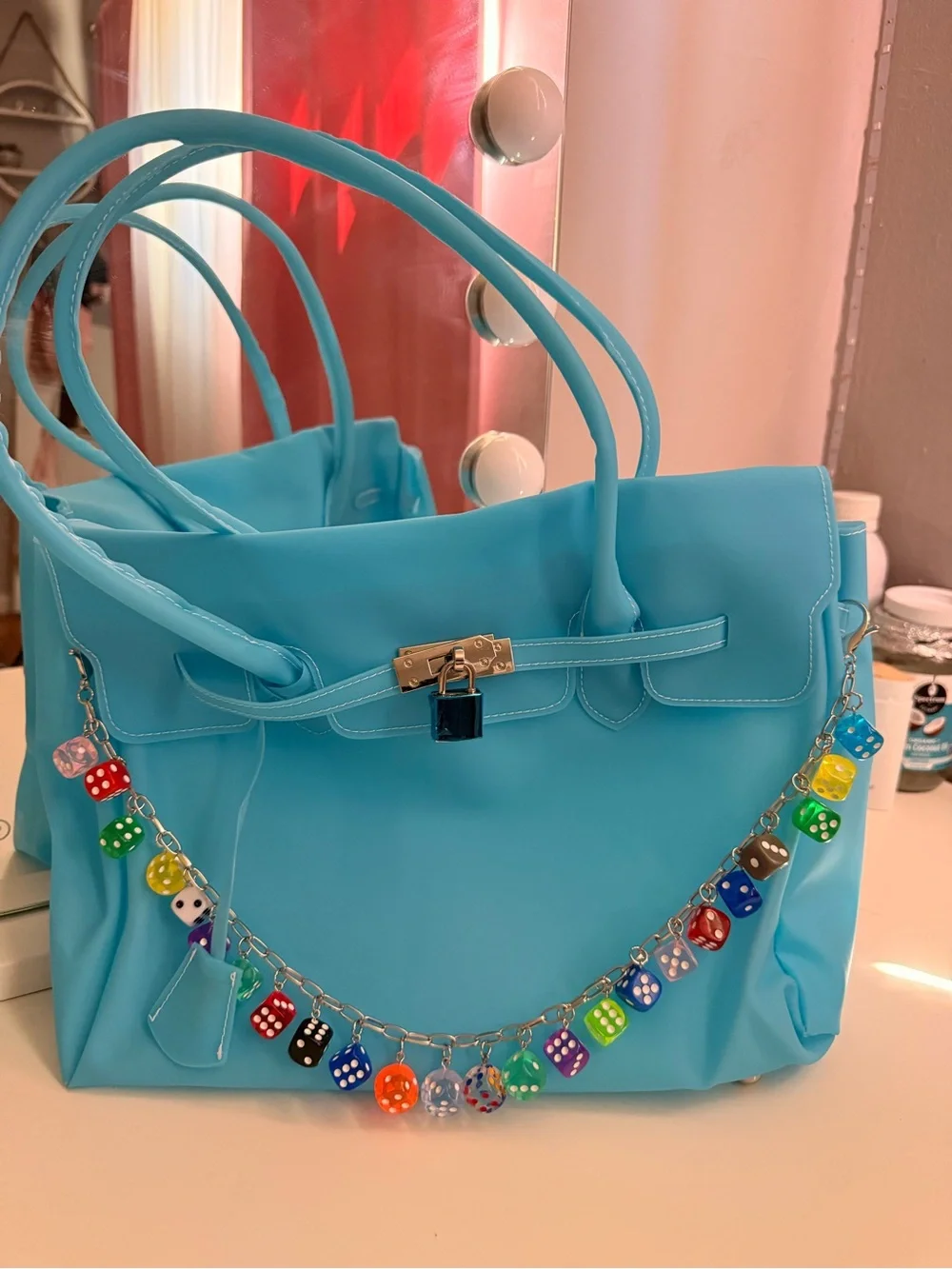 Jelly Firkin Aqua Blue Tote Bag with Dice Charm Chain